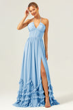 Peacock Halter Ruffled Chiffon Corset Bridesmaid Dress with Slit