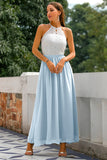 Sky Blue Open Back Long Bridesmaid Dress