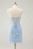 Light Blue Corset Sequins Sweetheart Short Tight Prom Dress with Lace-up Back