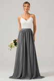 Silver A-Line Spaghetti Straps Pleated Long Bridesmaid Dress With Lace