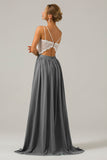 Silver A-Line Spaghetti Straps Pleated Long Bridesmaid Dress With Lace