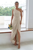 Rust One Shoulder Satin Long Asymmetrical Bridesmaid Dress