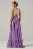Silver A-Line Halter Pleated Keyhole Chiffon Bridesmaid Dress With Lace