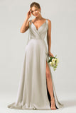 Dusty Rose A-Line Spaghetti Straps Satin Long Bridesmaid Dress With Slit