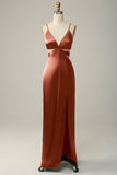 Dusty Rose Spaghetti Straps Cut Out Long Bridesmaid Dress with Slit