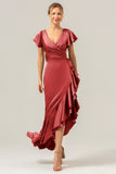 Eucalyptus V Neck Satin Ruffled Sheath Bridesmaid Dress with Slit