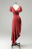 Twilight V Neck Satin Sheath Ruffled Asymmetrical Wedding Guest Dress