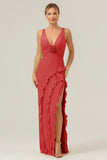 Terracotta V Neck Ruffled Sheath Flower Bridesmaid Dress with Slit