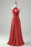 Terracotta Halter Keyhole Backless A Line Bridesmaid Dress with Flower