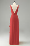 Terracotta V Neck Ruffled Flower Sheath Wedding Guest Dress with Slit