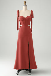 Terracotta A Line Corset Wedding Guest Dress with Bowknot