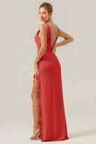 Terracotta V Neck Ruffled Sheath Flower Bridesmaid Dress with Slit