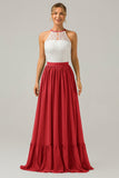 Terracotta A-Line Halter Pleated Keyhole Chiffon Bridesmaid Dress With Lace
