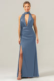 Royal Blue Sheath V-Neck Backless Satin Bridesmaid Dress with Slit