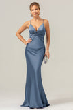 Peacock Mermaid Twist Front Satin Mermaid Bridesmaid Dress