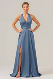 Royal Blue A Line Satin Bridesmaid Dress with Criss Cross Back