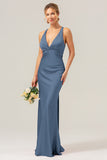 Eucalyptus Mermaid V Neck Satin Bridesmaid Dress