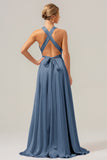 Royal Blue A Line Satin Bridesmaid Dress with Criss Cross Back