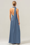 Royal Blue Sheath V-Neck Backless Satin Bridesmaid Dress with Slit