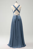 Royal Blue V-Neck Lace Up A Line Bridesmaid Dress with Slit