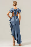 Eucalyptus V Neck Satin Ruffled Sheath Bridesmaid Dress with Slit