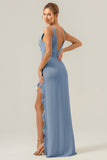 Peacock V Neck Ruffled Backless Bridesmaid Dress with Slit