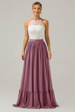 Terracotta A-Line Halter Pleated Keyhole Chiffon Bridesmaid Dress With Lace