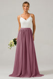 Terracotta A-Line Spaghetti Straps Pleated Long Bridesmaid Dress With Lace