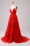 Red A Line Spaghetti Straps Long Prom Dress with Ruffles