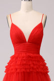 Red A Line Spaghetti Straps Long Prom Dress with Ruffles