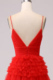 Red A Line Spaghetti Straps Long Prom Dress with Ruffles