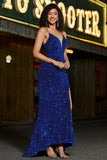 Sparkly Royal Blue Sequins Mermaid Spaghetti Straps Long Prom Dress With Slit