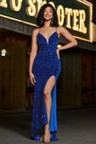 Sparkly Royal Blue Sequins Mermaid Spaghetti Straps Long Prom Dress With Slit