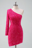 Stylish Fuchsia One Shoulder Sequin Tight Short Prom Dress