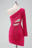 Stylish Fuchsia One Shoulder Sequin Tight Short Prom Dress