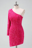 Stylish Fuchsia One Shoulder Sequin Tight Short Prom Dress