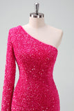 Stylish Fuchsia One Shoulder Sequin Tight Short Prom Dress