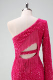 Stylish Fuchsia One Shoulder Sequin Tight Short Prom Dress