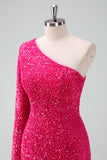 Stylish Fuchsia One Shoulder Sequin Tight Short Prom Dress