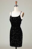 Black Spaghetti Straps Sequin Prom Dress With Criss Cross Back