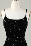 Black Spaghetti Straps Sequin Prom Dress With Criss Cross Back