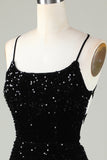 Black Spaghetti Straps Sequin Prom Dress With Criss Cross Back