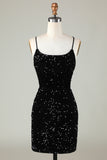 Black Spaghetti Straps Sequin Prom Dress With Criss Cross Back