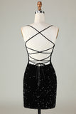 Black Spaghetti Straps Sequin Prom Dress With Criss Cross Back