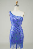 Sheath One Shoulder Blue Sequins Short Prom Dress with Tassel