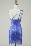 Sheath One Shoulder Blue Sequins Short Prom Dress with Tassel