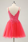 Cute Hot Pink A Line Spaghetti Straps Short Prom Dress with Appliques