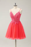 Cute Hot Pink A Line Spaghetti Straps Short Prom Dress with Appliques