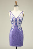 Sheath Spaghetti Straps Purple Sequins Short Prom Dress