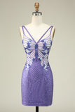 Sheath Spaghetti Straps Purple Sequins Short Prom Dress